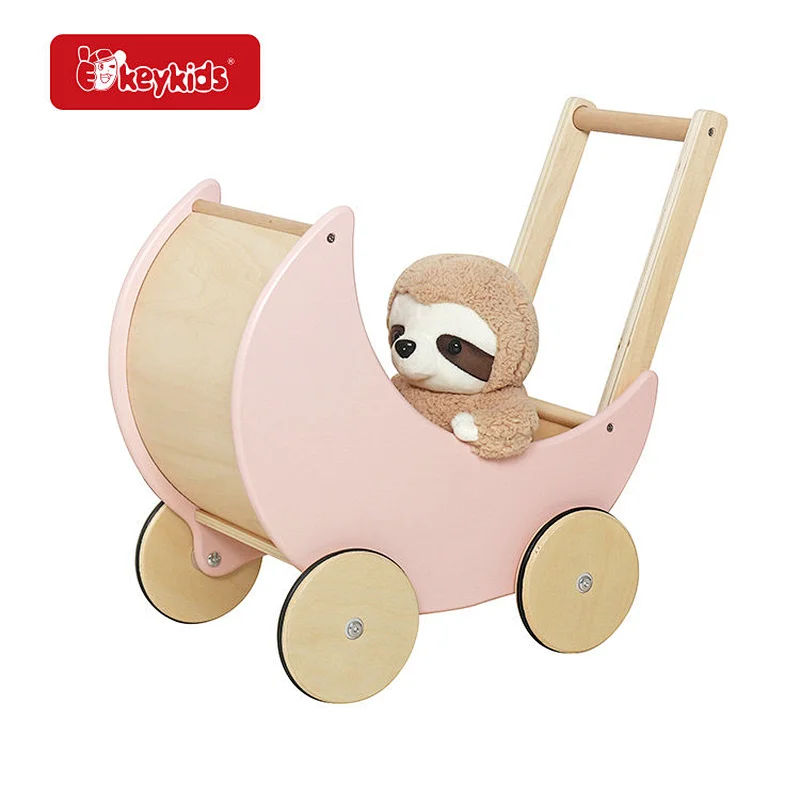 2 in1 Push & Pull Toys Pink Wooden Baby Pram Stroller Toy for Kids W16E112D