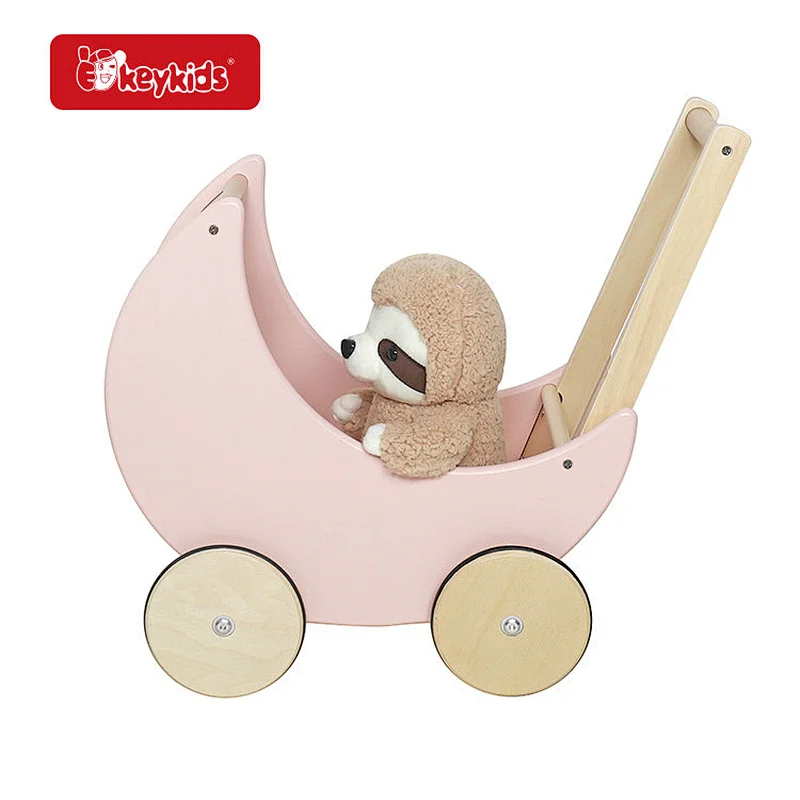 2 in1 Push & Pull Toys Pink Wooden Baby Pram Stroller Toy for Kids W16E112D